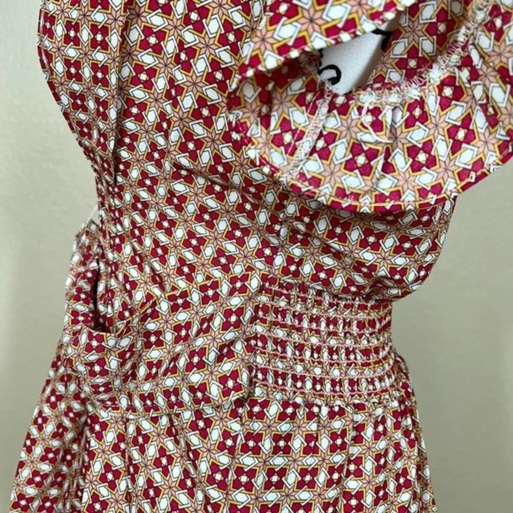 Max Studio red top  geometric flutter sleeve smock waist  front tie size XS boho